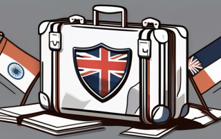 A suitcase adorned with international flags