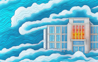 A building with various elements like fire