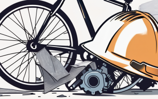 A broken bicycle next to a safety helmet and a document
