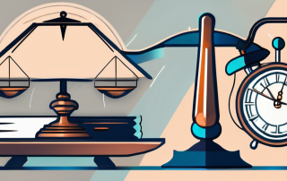 A balance scale with legal documents on one side and a shield symbolizing protection on the other