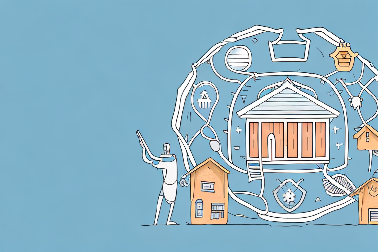 A safe home surrounded by various symbols of insurance