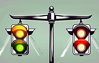 A traffic light with scales of justice hanging from each color