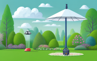 A serene garden with various elements like a garden shed