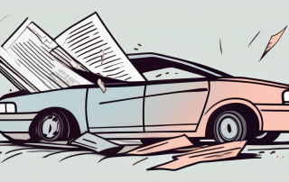 A car accident scene with a broken insurance policy document floating in the wind