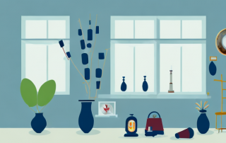A home interior with scattered valuable items like a vase tipped over near a window left open