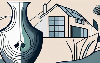 A broken vase with a house in the background