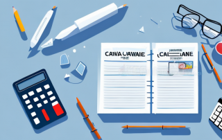 A caravan parked in a scenic campsite with insurance policy papers and a calculator nearby