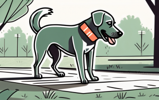 A dog playing with a price tag in a park setting
