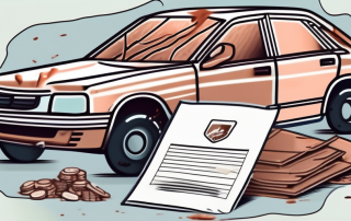 A damaged car and a document with an insurance policy