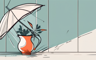 A broken vase under an umbrella