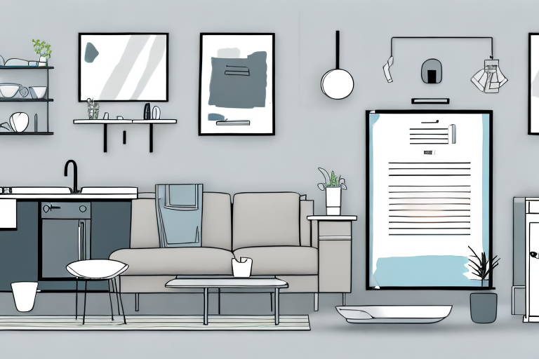 A detailed apartment interior with highlighted areas like the kitchen
