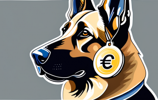 A german shepherd dog wearing a tag with a euro sign
