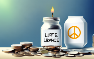 A life insurance policy next to a retirement savings jar
