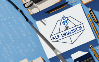 A life insurance policy document placed next to a bank building