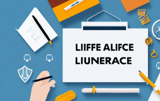 A life insurance policy document on one side and a house with a mortgage sign on the other