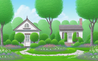 A serene garden property with various elements like a small cottage