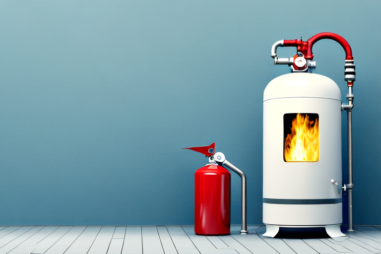 An oil heater with a fire extinguisher placed nearby