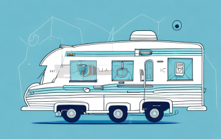 A caravan with insurance protection symbols like shields and locks surrounding it