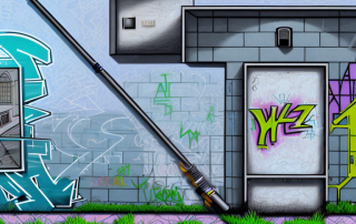 A building with visible protective measures like security cameras and fences