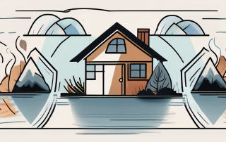A house being protected by a symbolic shield from various natural elements like flood