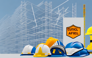 A construction site with visible safety equipment such as helmets
