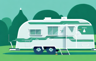 A well-protected caravan parked in a serene natural landscape