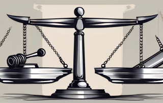 A balance scale with a gavel on one side and a protective shield on the other