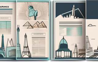 A variety of insurance policy documents with famous international landmarks like the eiffel tower