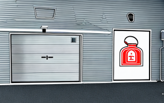 A garage with visible elements symbolizing various types of insurance coverage such as a fire extinguisher (fire insurance)