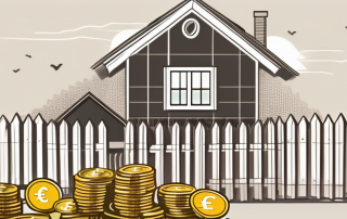 A german house surrounded by a picket fence with a pile of euro coins on one side
