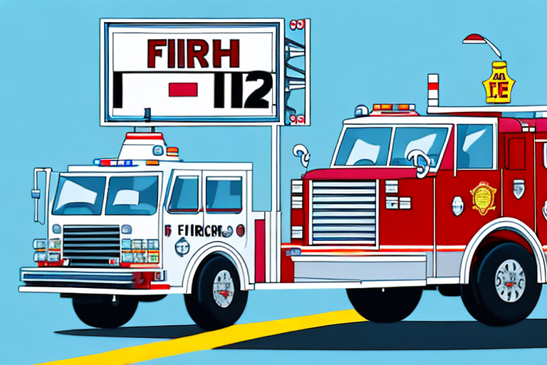 A fire truck passing under a road sign indicating a certain height limit