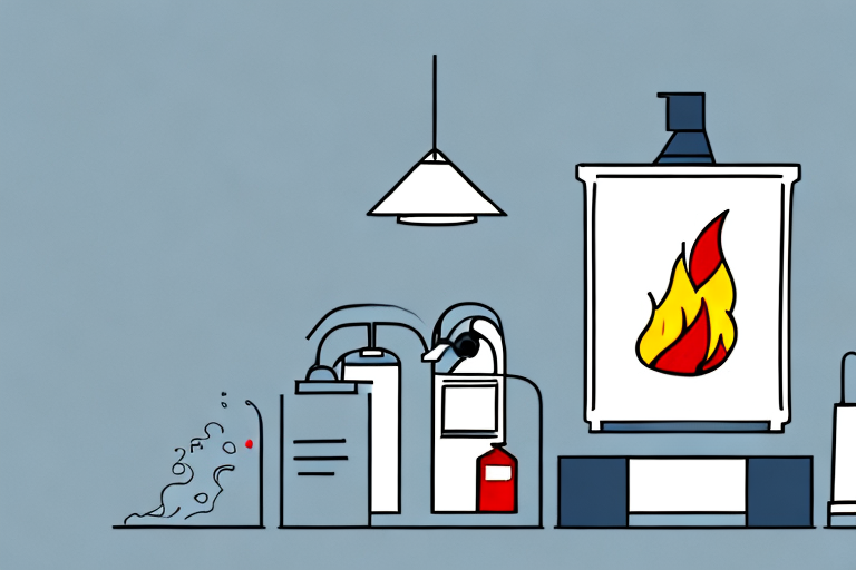 An office setting with a prominently placed fire extinguisher
