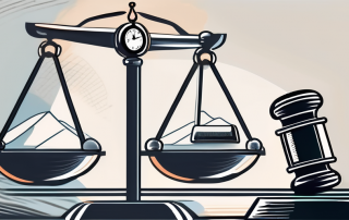 A scale balancing a gavel and a clock