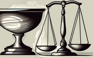 A broken vase representing personal damage under a looming shadow of a balance scale