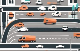 A busy city intersection with various vehicles like cars