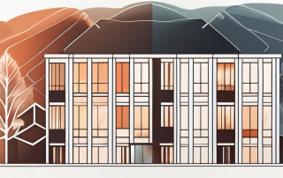 A residential building with elemental symbols like fire