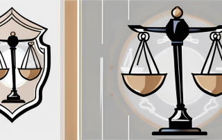 A balanced scale with a gavel on one side and a shield with a checkmark on the other