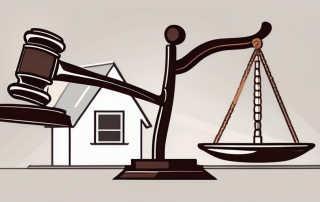 A balance scale with a house on one side and a gavel on the other