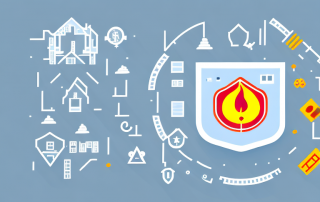 An apartment building with visible insurance policy documents and a safety shield symbol