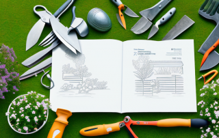 A serene garden scene with various gardening tools