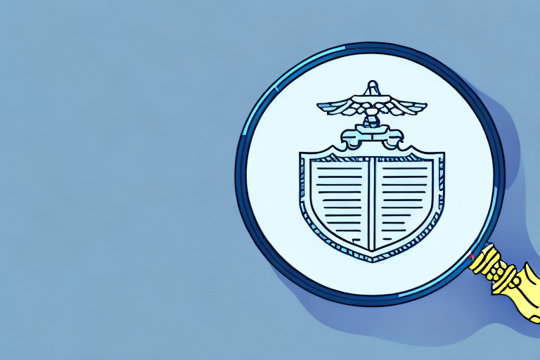 A magnifying glass hovering over a document with a symbol of a scale (representing law) and a shield (representing insurance) on the side