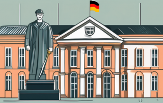 A scale balancing a book labelled 'verwaltungsrechtsschutz' and a german city hall