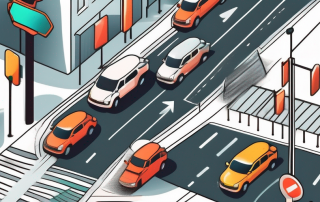 A busy city intersection with various forms of transportation such as cars