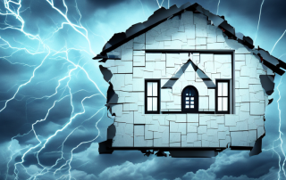 A residential building with visible damages such as a broken window