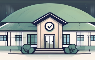 A nursing home with a safety shield symbol hovering above it
