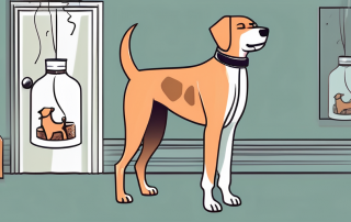 A dog standing next to a broken vase