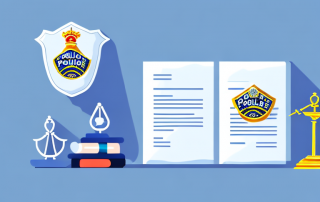 A police badge next to an insurance policy document and a scale