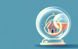 A home surrounded by a protective bubble with a sand hourglass next to it