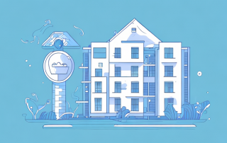 A residential building with a symbolic insurance shield hovering over it