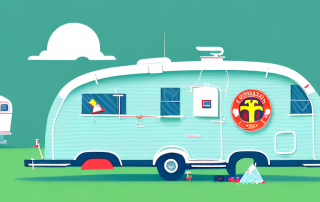 A well-secured caravan parked in a picturesque campsite